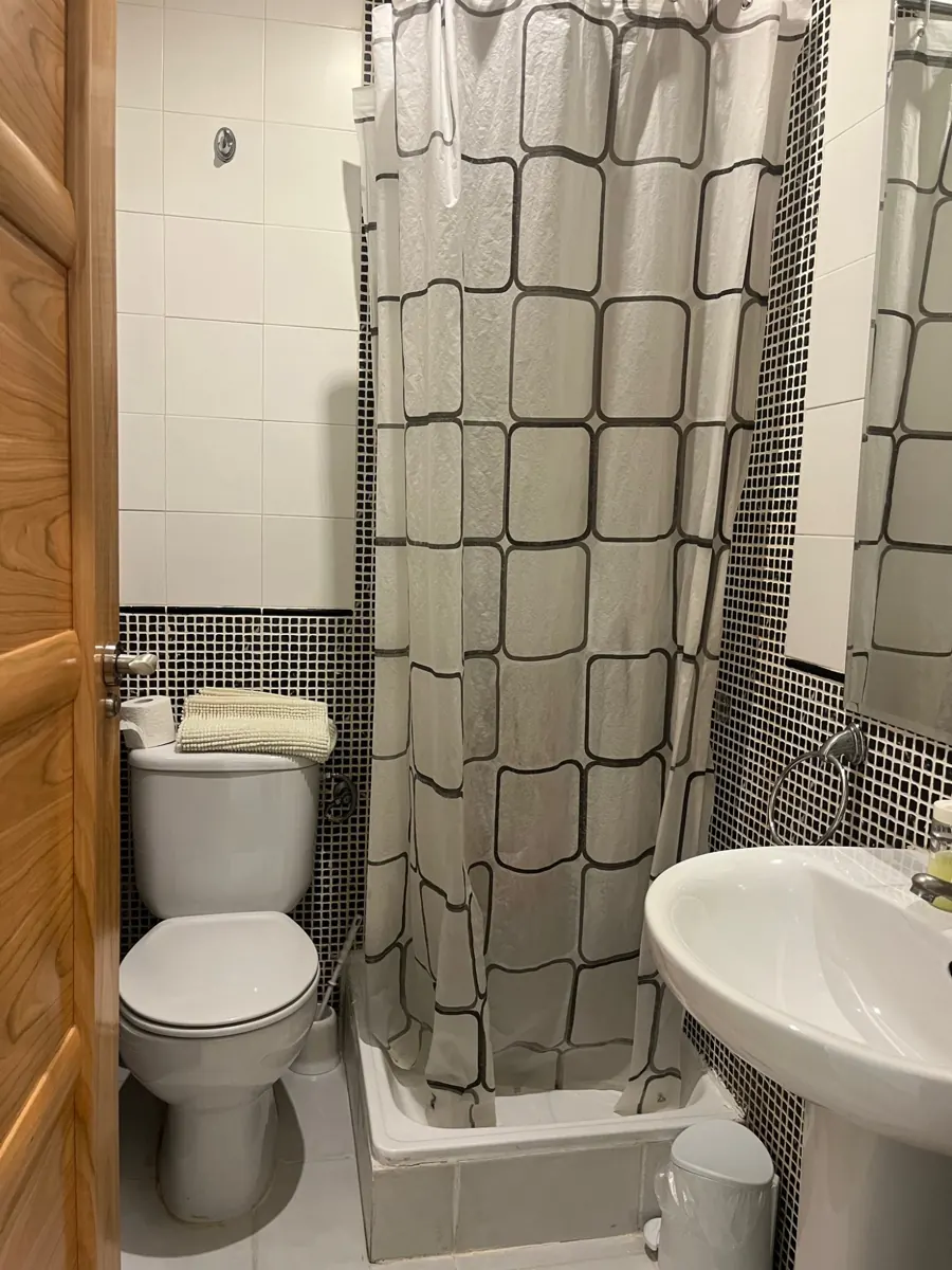 Baño privado de la habitación Murano del Hostal Matilda's en Segovia: ducha, lavabo e inodoro