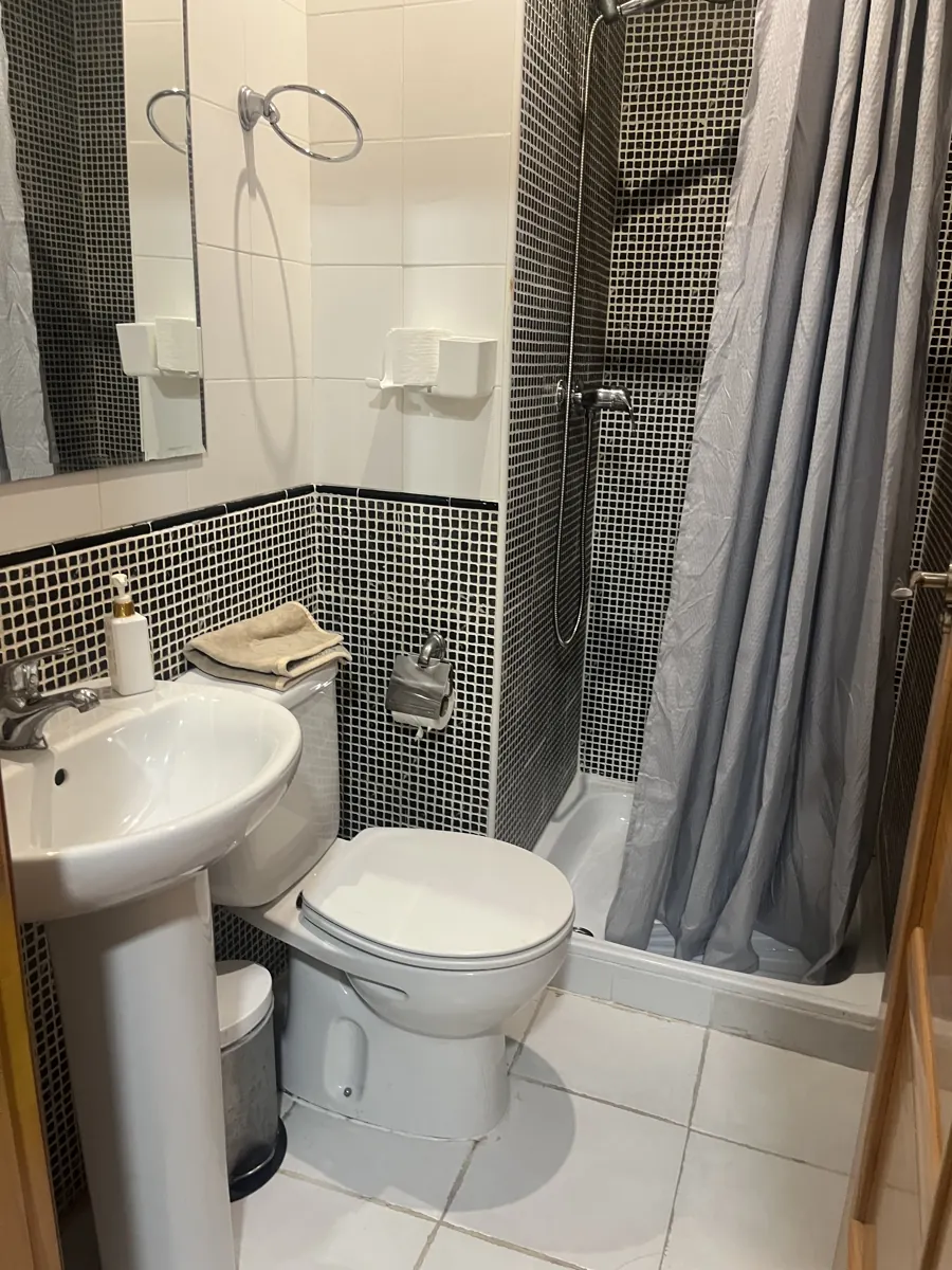 Baño privado de la habitación Fuencisla del Hostal Matilda's en Segovia: ducha, lavabo e inodoro